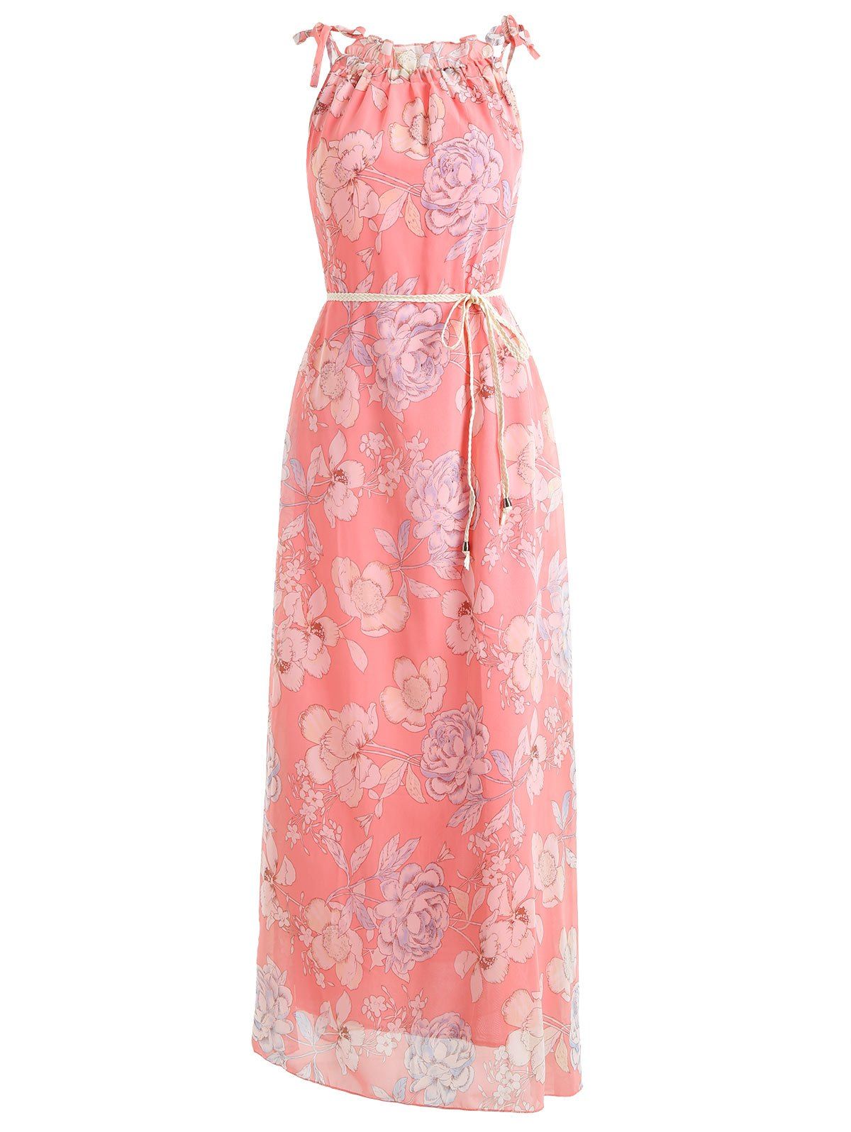 

Floral Print Belted Chiffon Maxi Dress, Pink