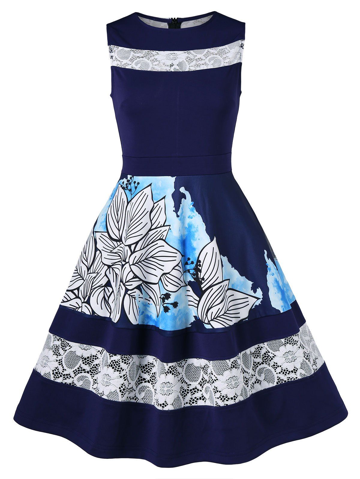 

Vintage Lace Insert Floral Mini Swing Dress, Deep blue