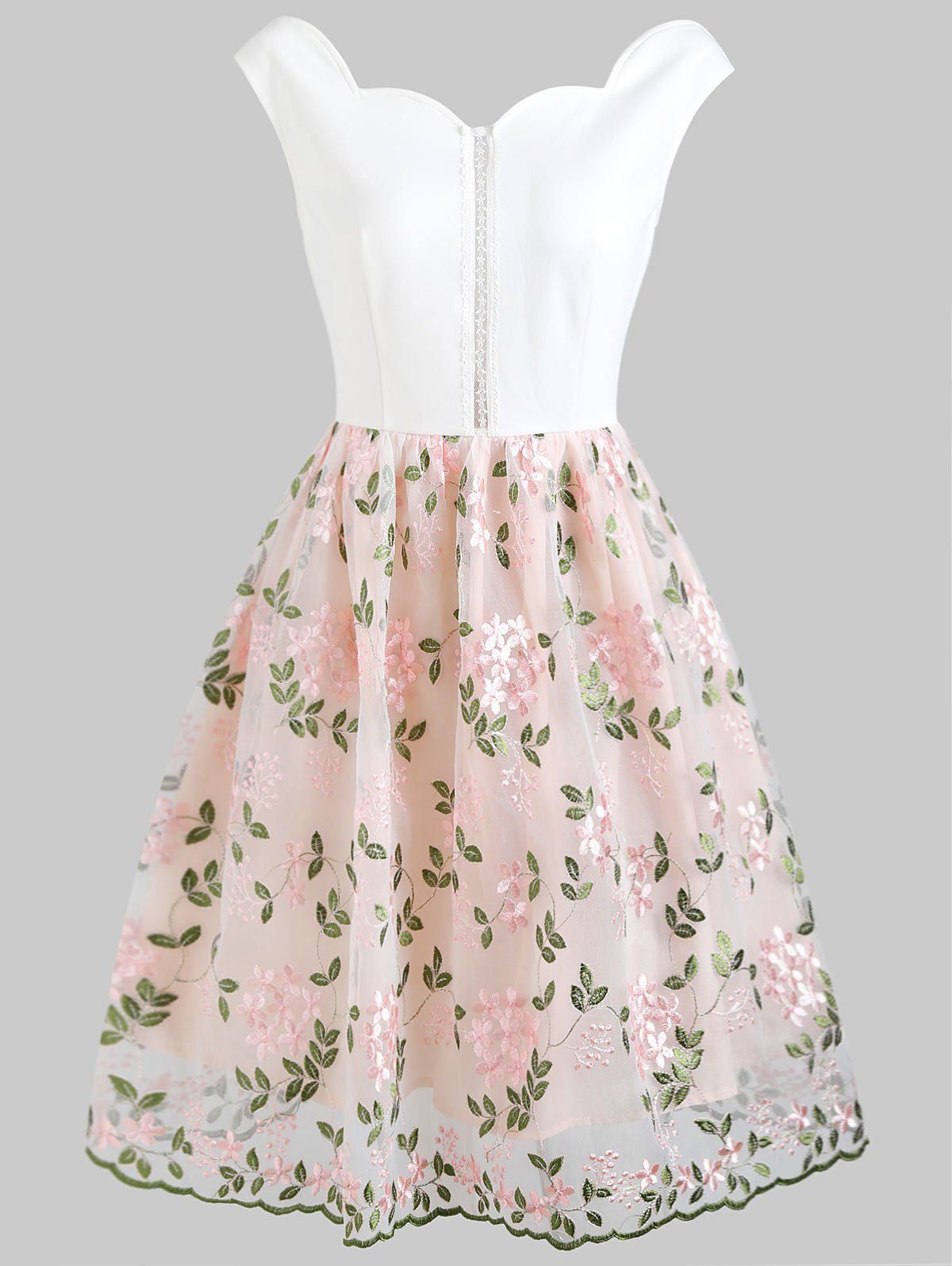 

Foral Embroidery High Waist Sleeveless Flare Dress, White