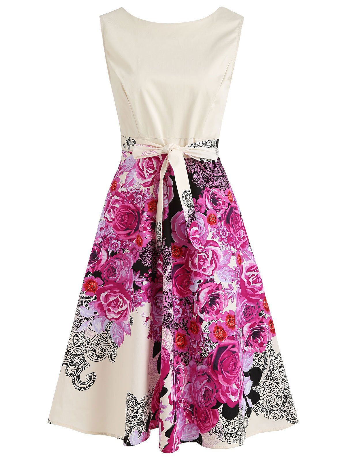 

Floral Sleeveless Tie Waist A Line Midi Dress, Neon pink