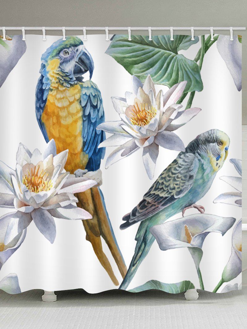 

Parrot Flower Printed Waterproof Bathroom Curtain, White