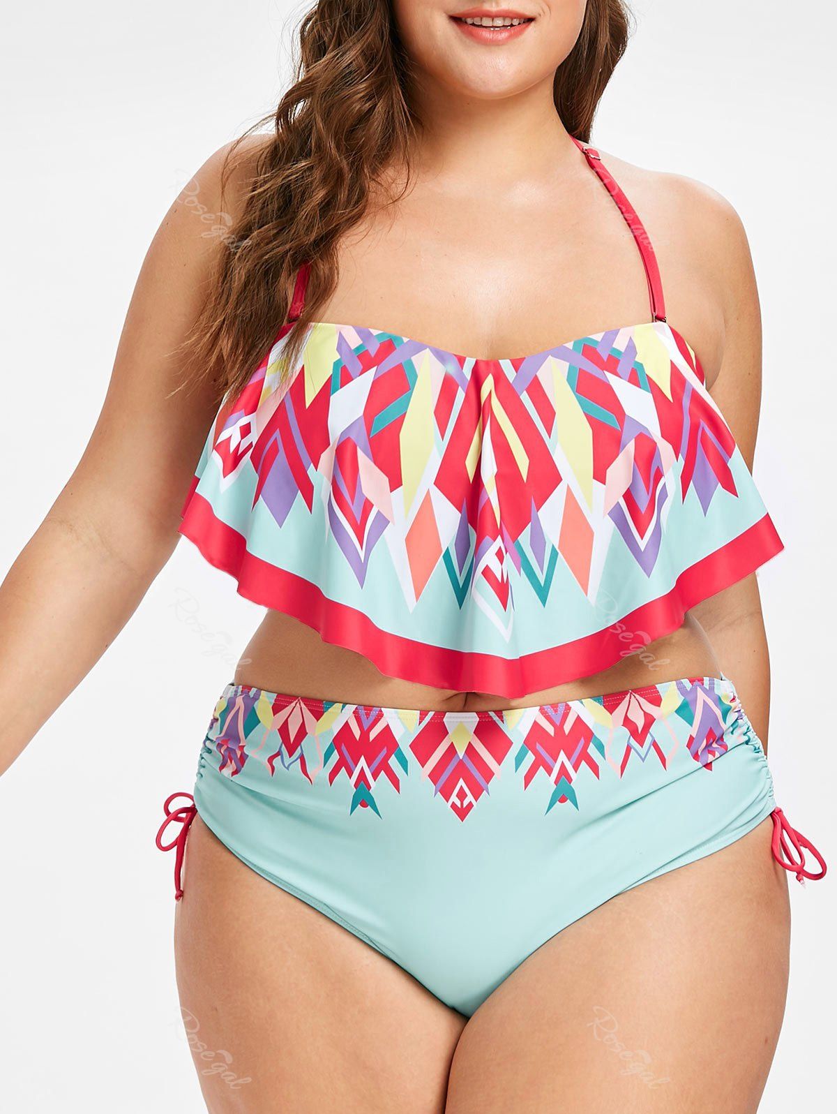 

Plus Size Geometric Flounce Bikini Set, Mint green