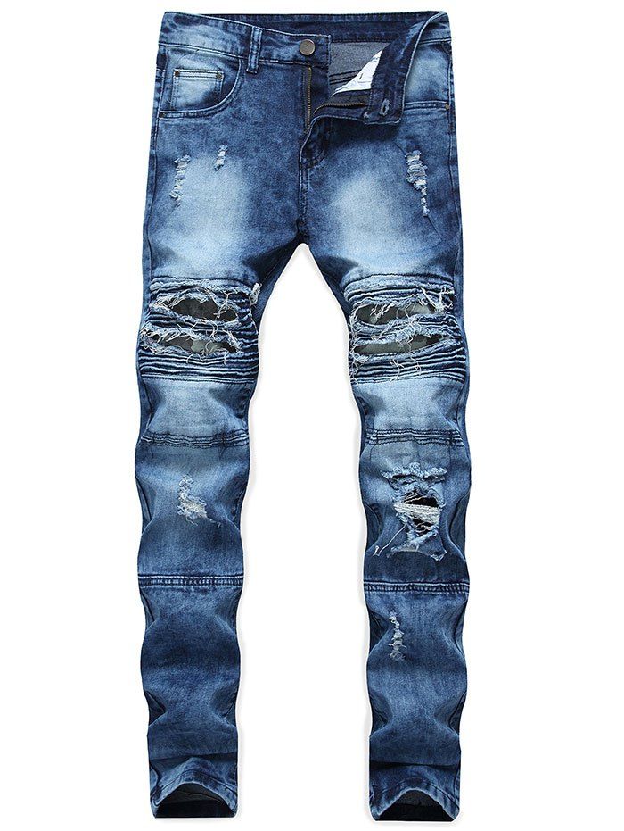 

Ribbed Camo Panel Zip Fly Destroyed Jeans, Royal blue