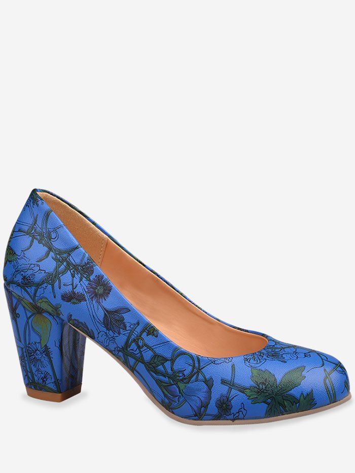 

Plus Size Floral Print Mid Heel Chic Pumps, Blueberry blue
