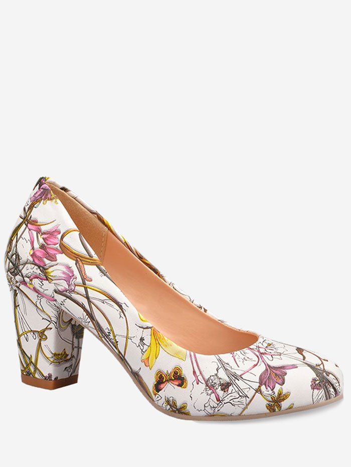 

Plus Size Floral Print Mid Heel Chic Pumps, White