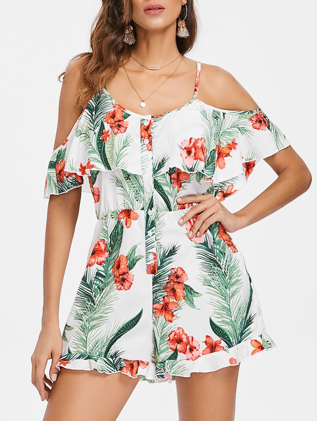

Cold Shoulder Floral Leaf Print Romper, White