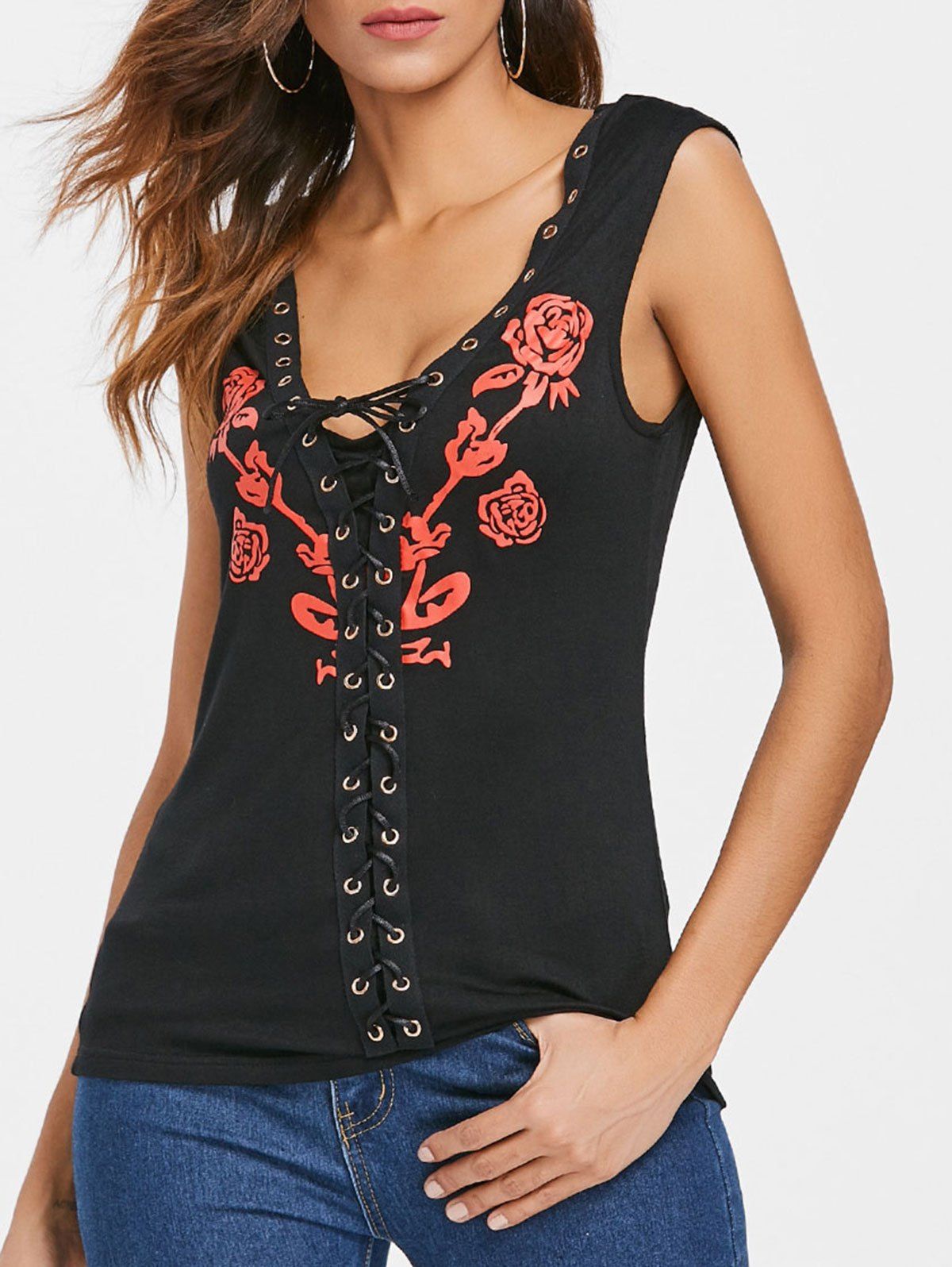 

Rose Print Criss Cross Tank Top, Black