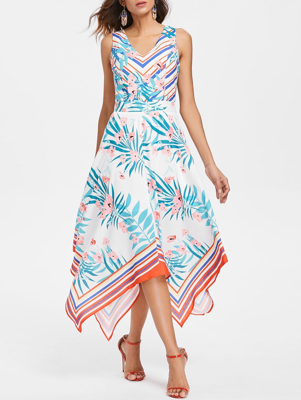 

Plant and Stripe Print Handkerchief Dress, White