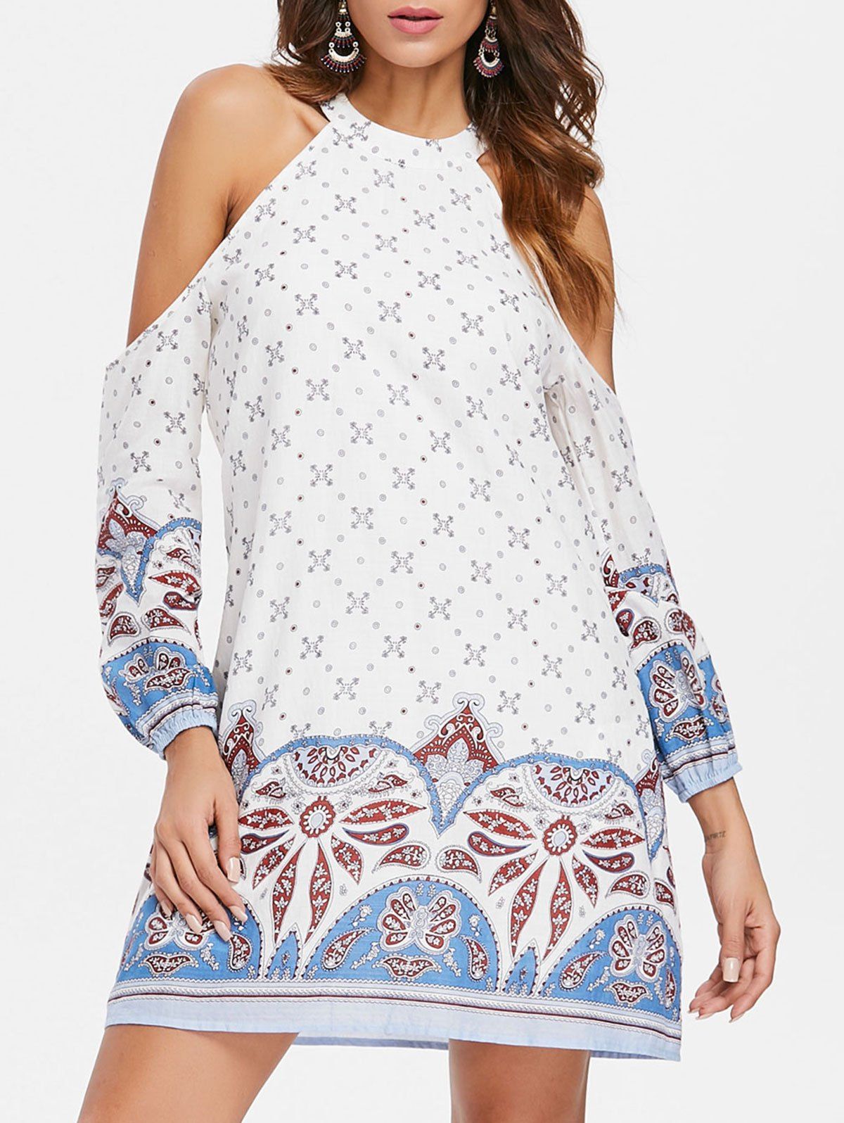 

Paisley Print Open Shoulder Mini Shift Dress, Milk white