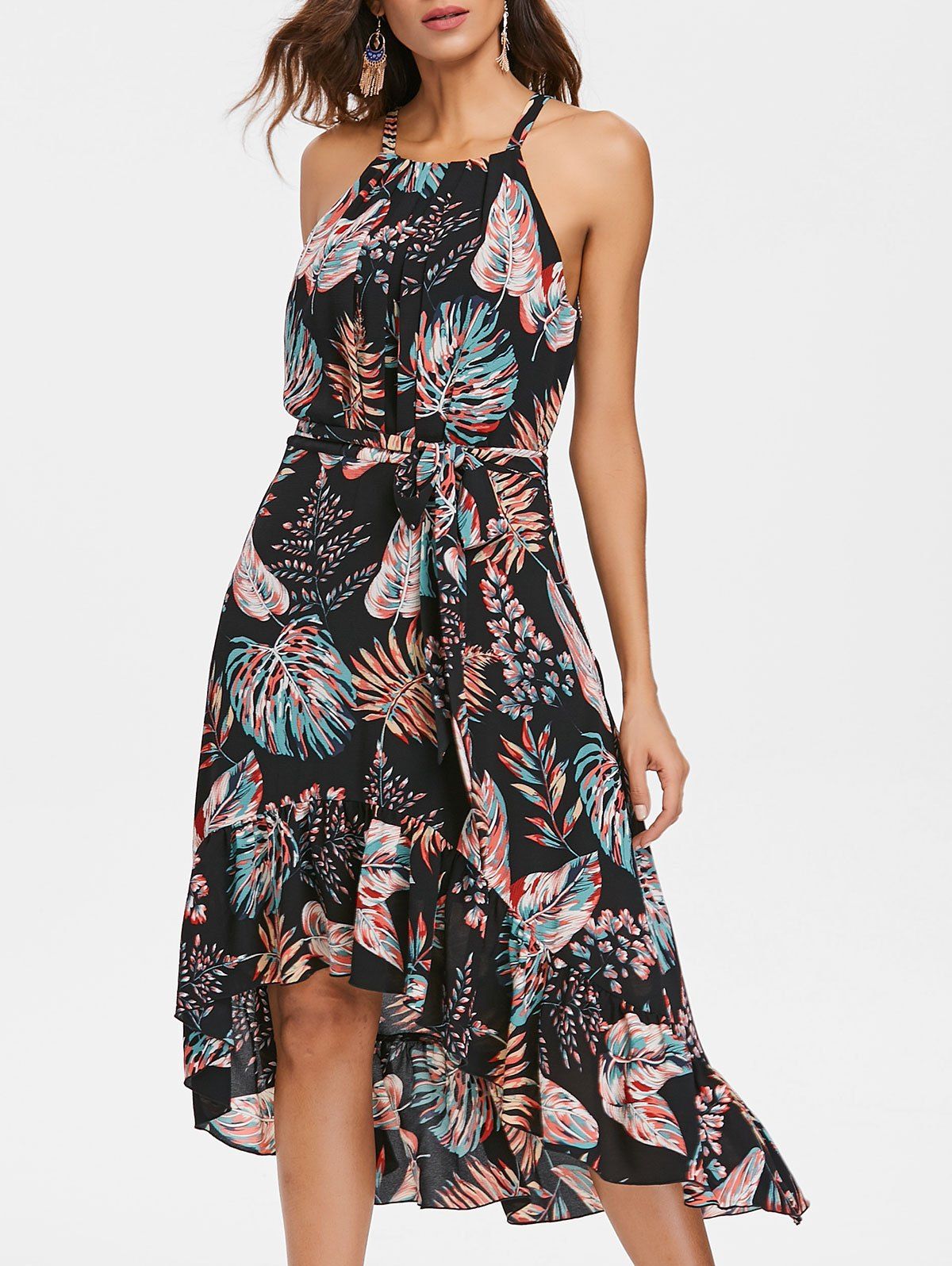 

Leaf Print Sleeveless High Low Dress, Black