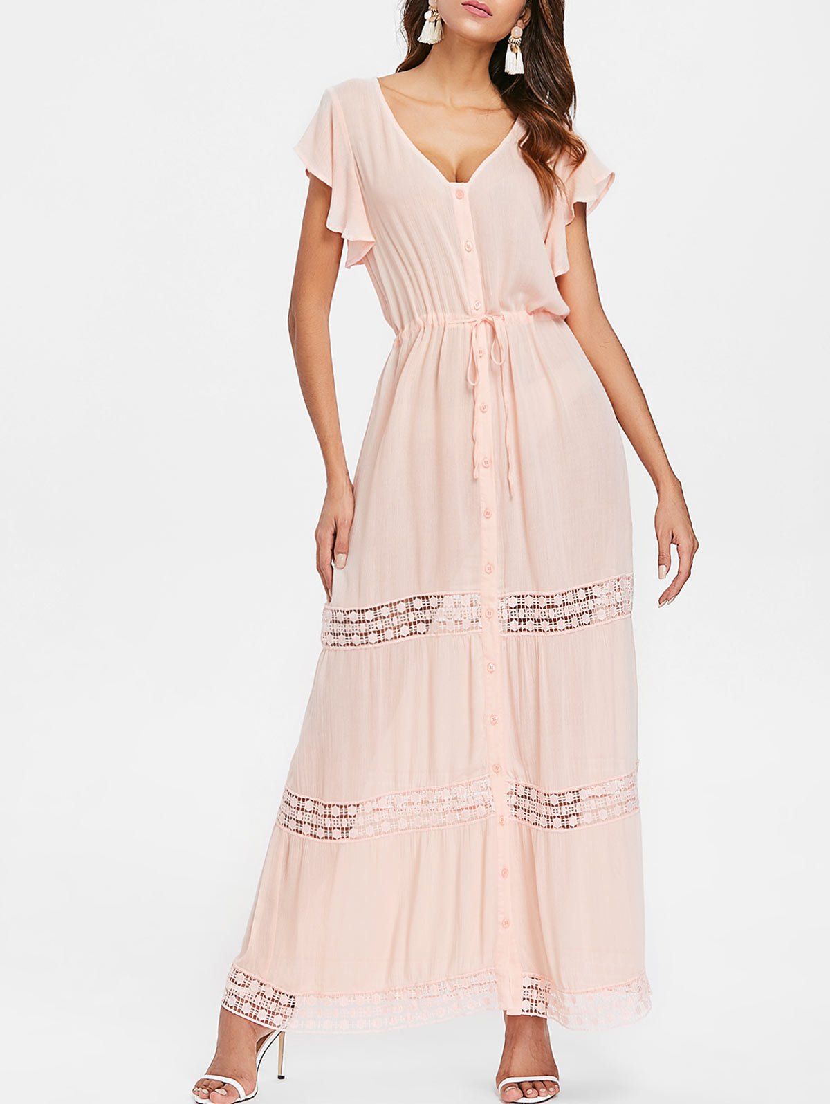 

Button Down Lace Insert Maxi Dress, Pink bubblegum