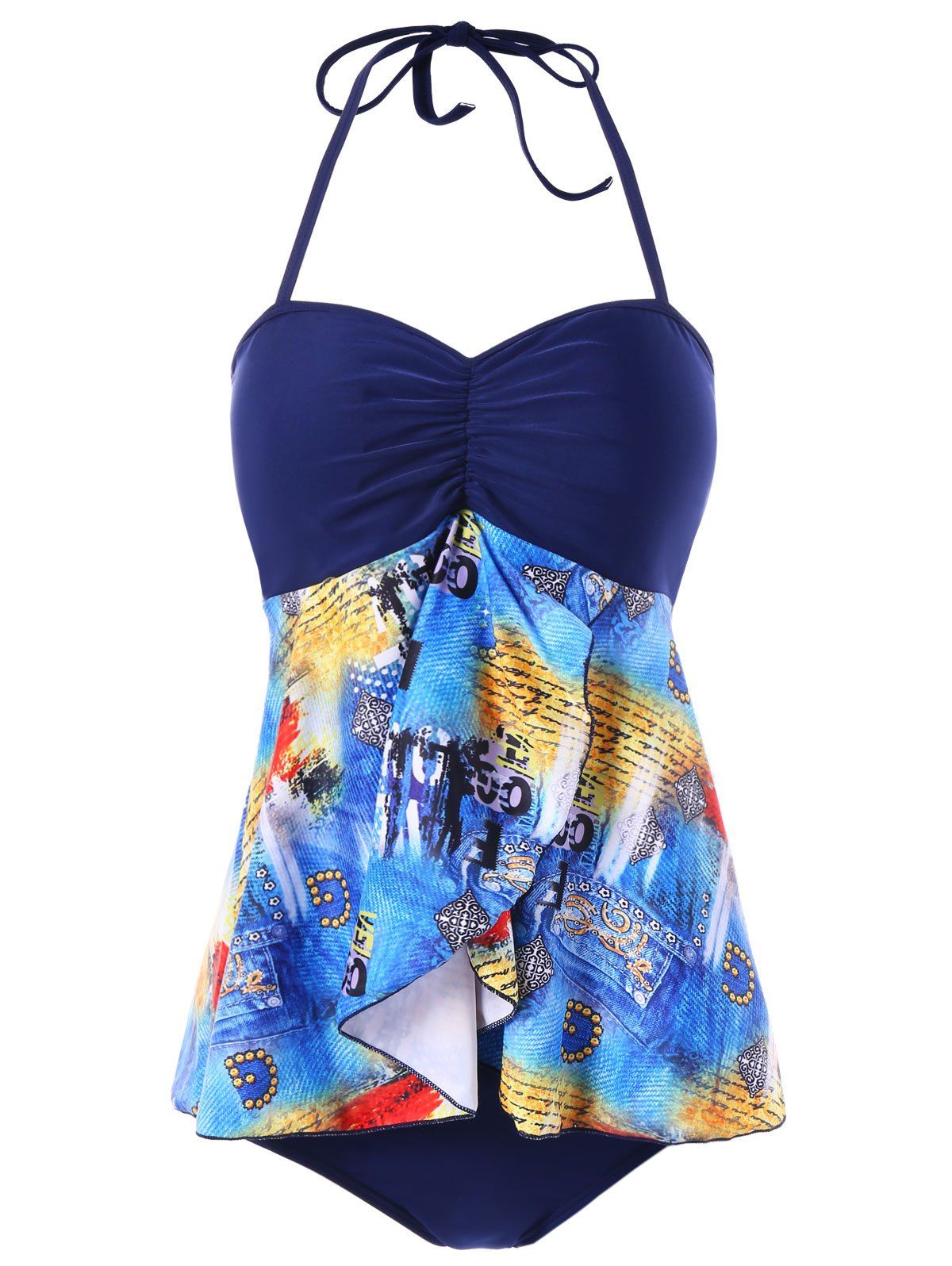 

Halter Ruffle Print Tankini Set, Cadetblue