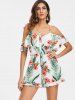 Cold Shoulder Floral Leaf Print Romper -  