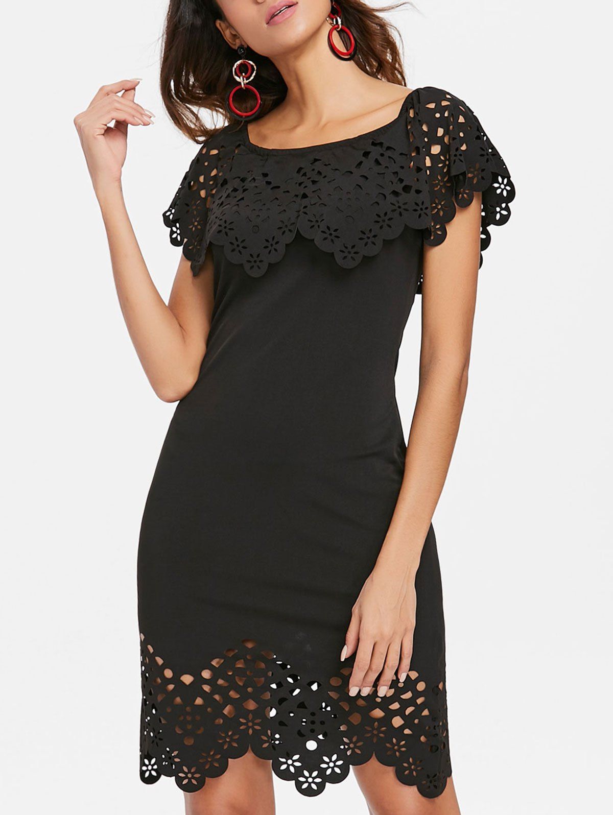 

Laser Cut Ruffle Bodycon Dress, Black