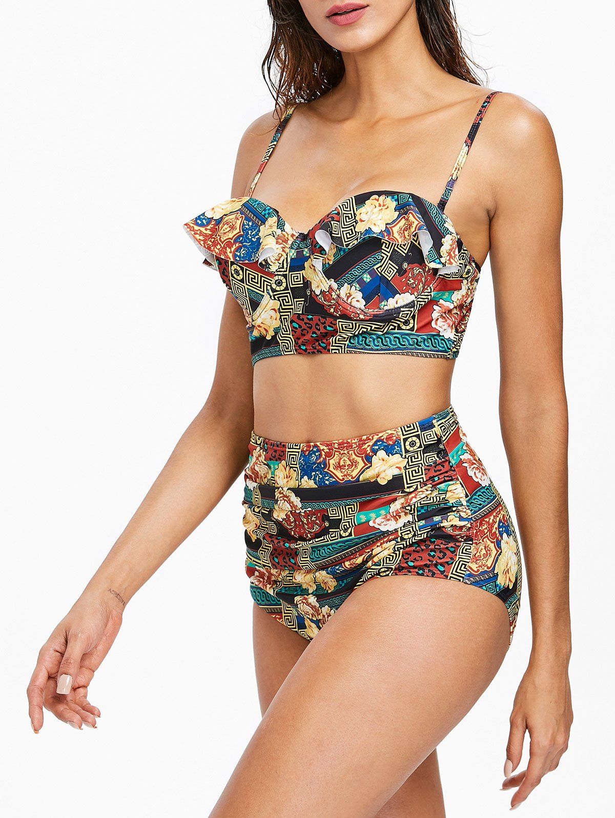 

Flower Ruffle High Waisted Bikini Set, Multi