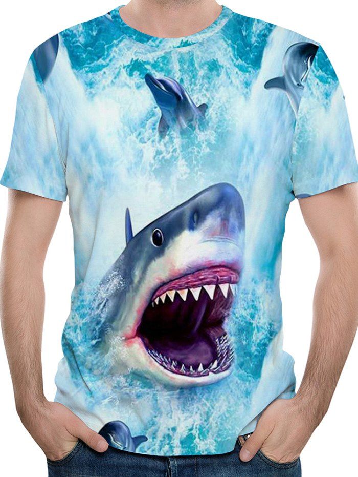 

Ferocious Shark Print Short Sleeve T-shirt, Crystal blue