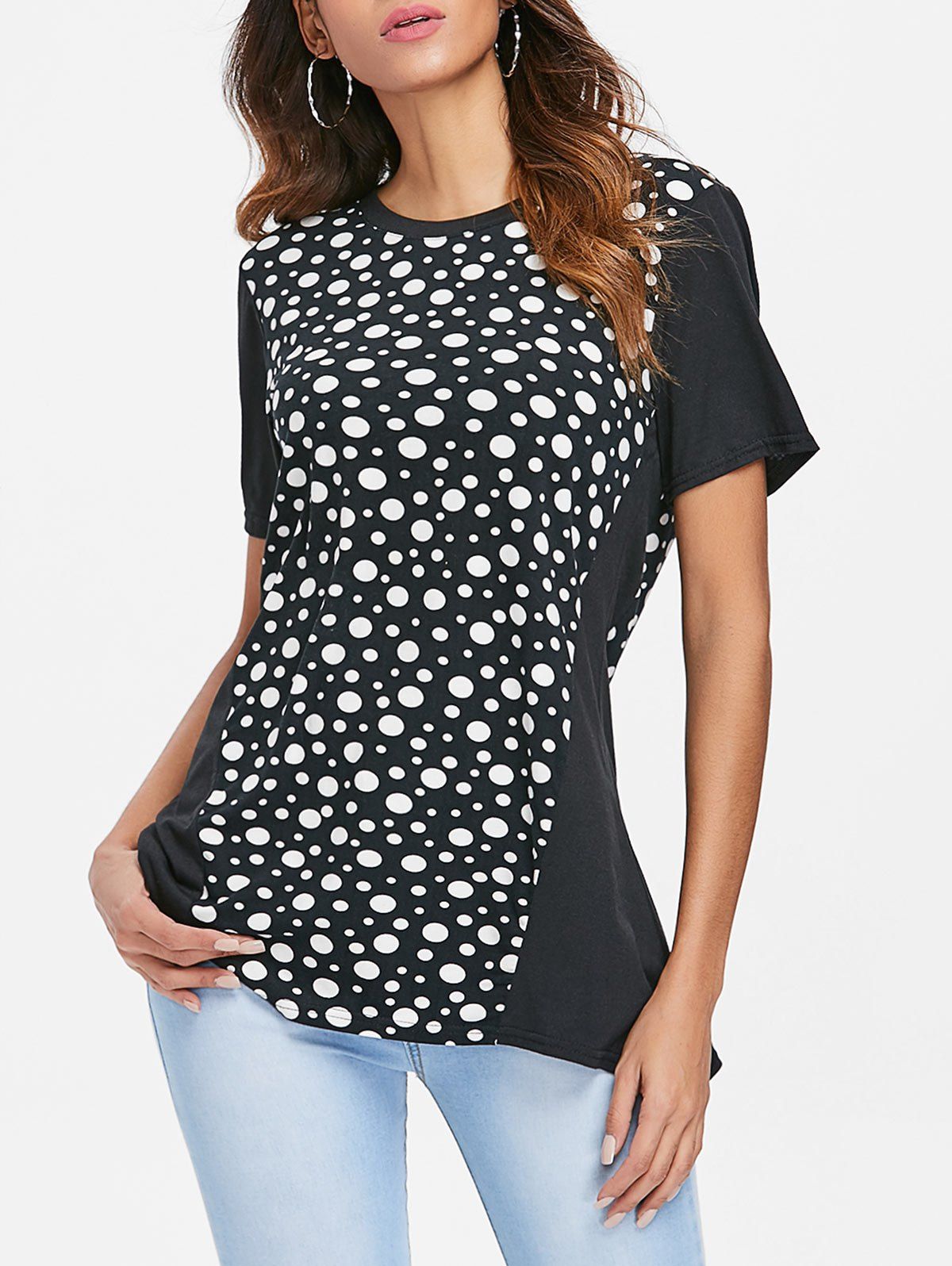 

Round Neck Polka Dot T-shirt, Black
