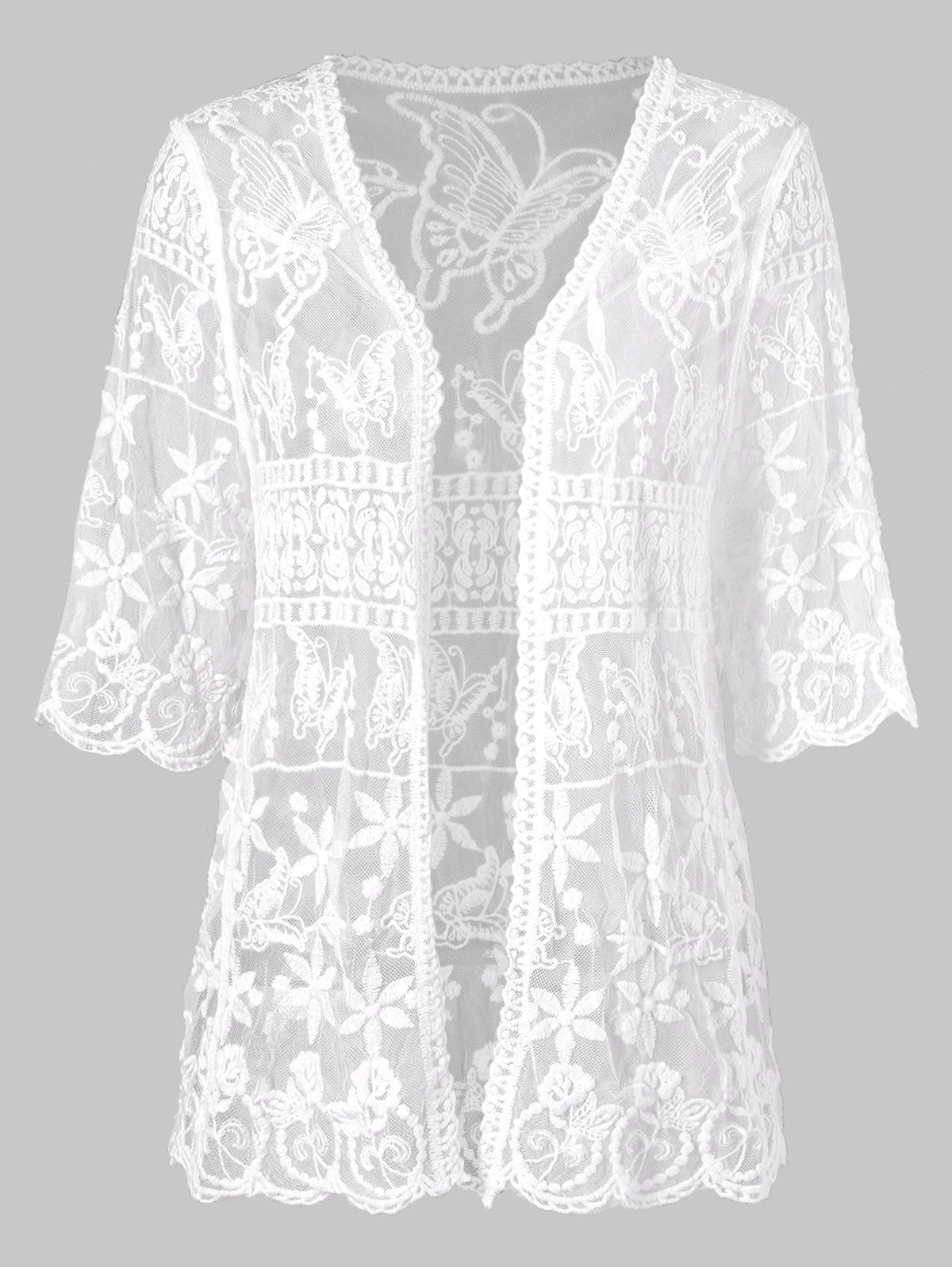 

Floral Butterflies Lace Cover Up Top, White