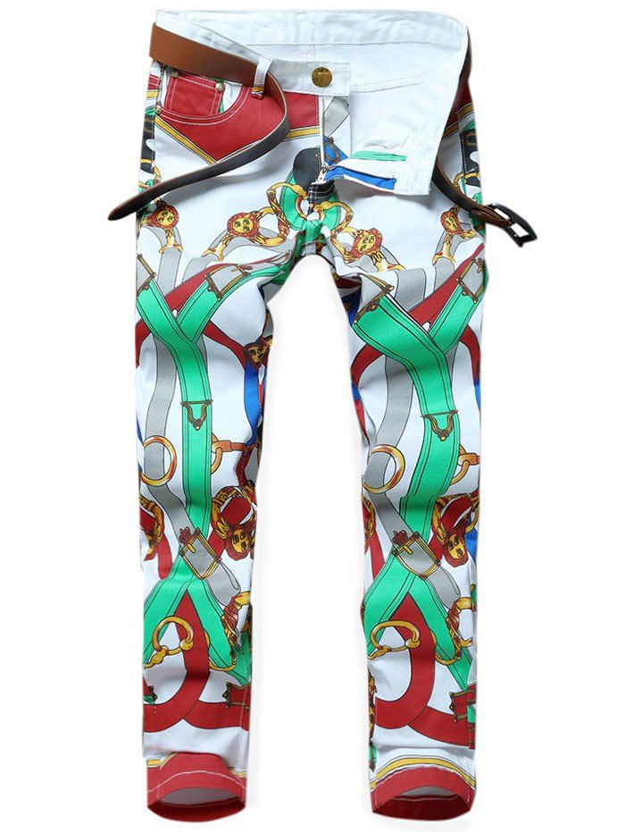 

Belts Print Zip Fly Jeans, White