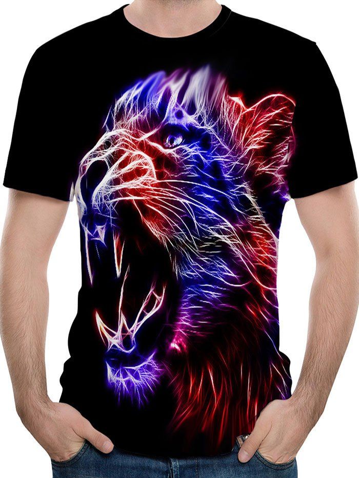 

3D Angry Lion Print Short Sleeve T-shirt, Night