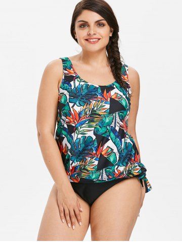 

Plus Size Tropical Leaf Blouson Tankini Set, Black