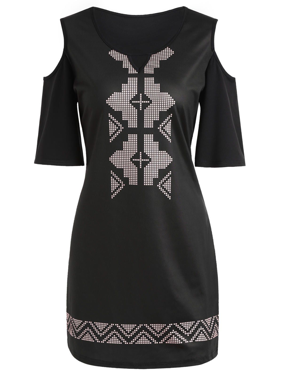 

Cold Shoulder Geometry Hollow Out Mini Dress, Black