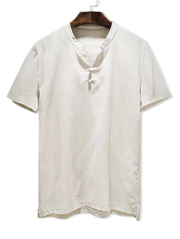 

Stand Collar Chinese Button Design Casual T-shirt, Light khaki