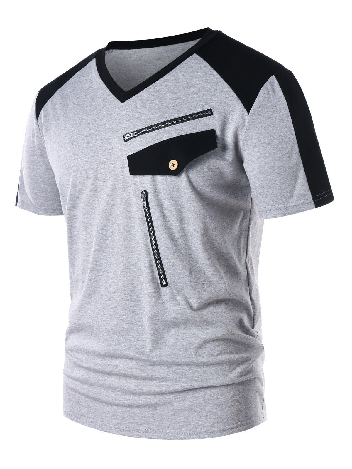 

Contrast Color Zipper Embellished Short Sleeve T-shirt, Blue gray