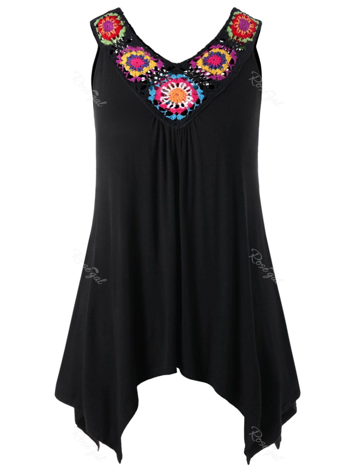 

Plus Size Crochet Panel V Neck Tank Top, Black
