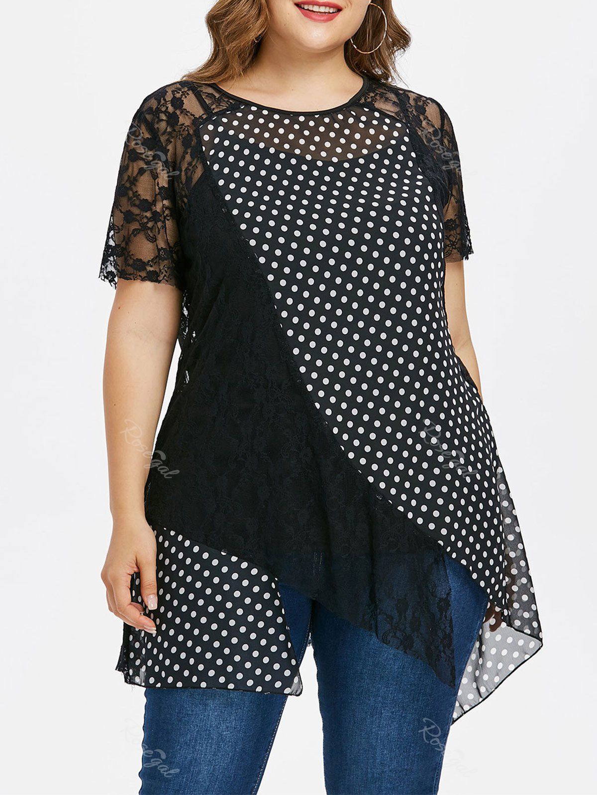 

Plus Size Polka Dot Lace Overlay Top, Black