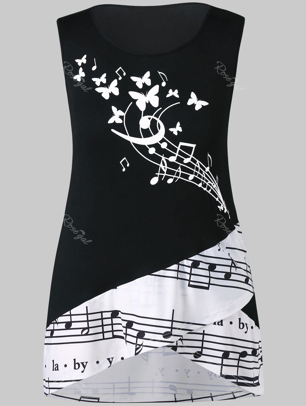 

Plus Size Music Notes Overlap Tank Top, Black