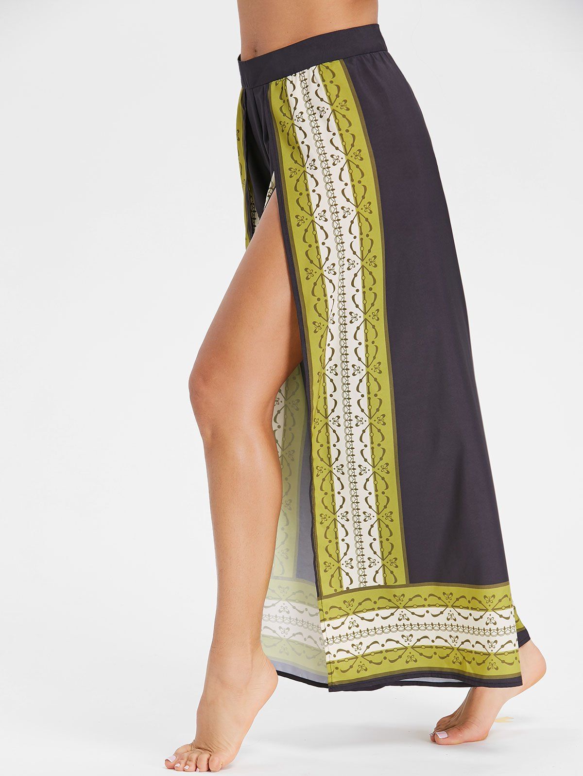 

Tribal Print Split Wide Leg Trousers, Black