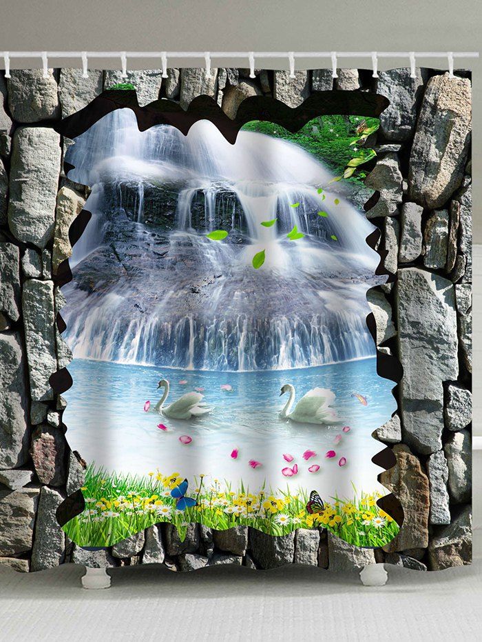 

3D Waterfall Two Swans Print Waterproof Shower Curtain, Sea blue