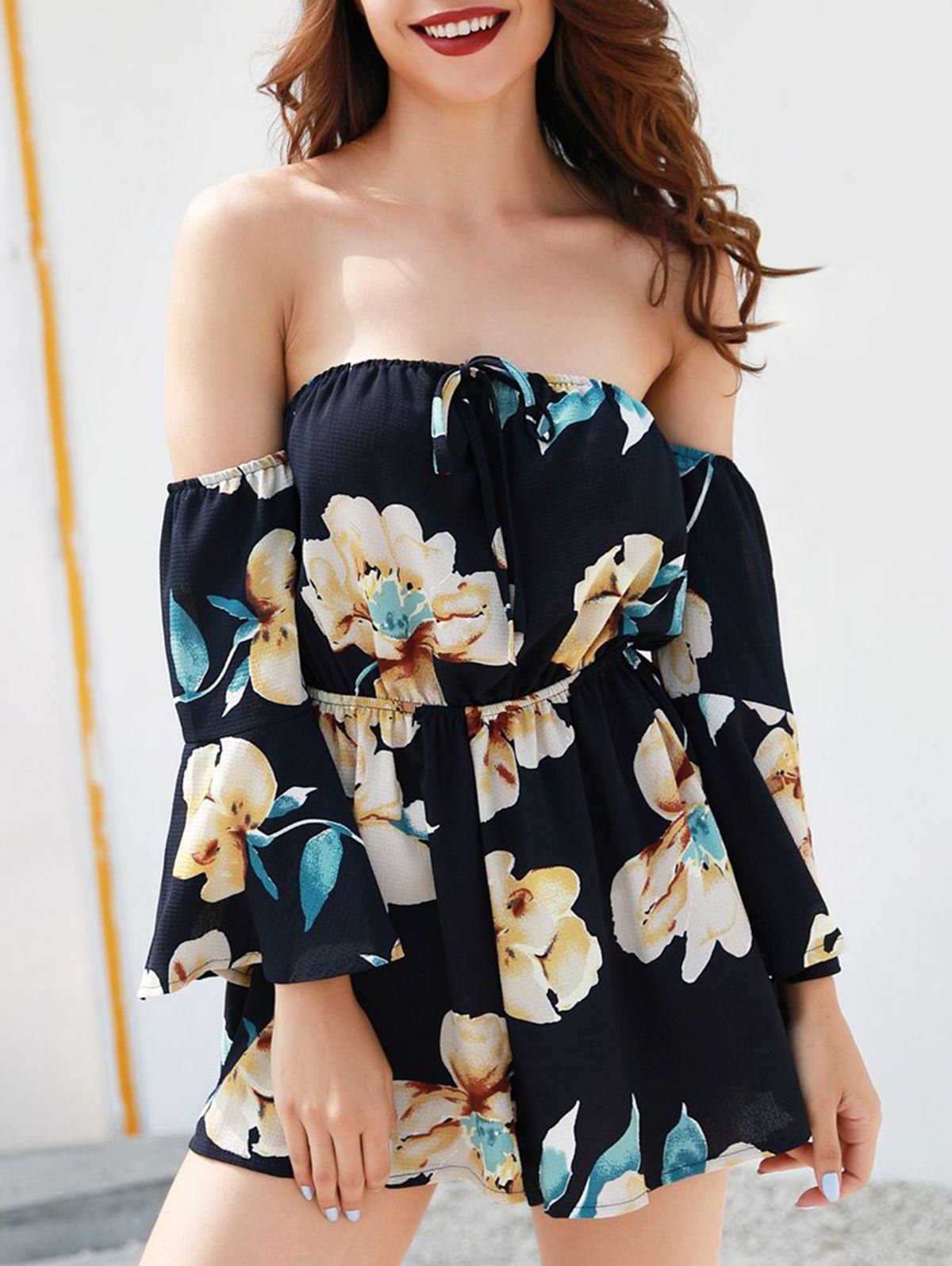 

Bell Sleeve Floral Print Romper, Deep blue
