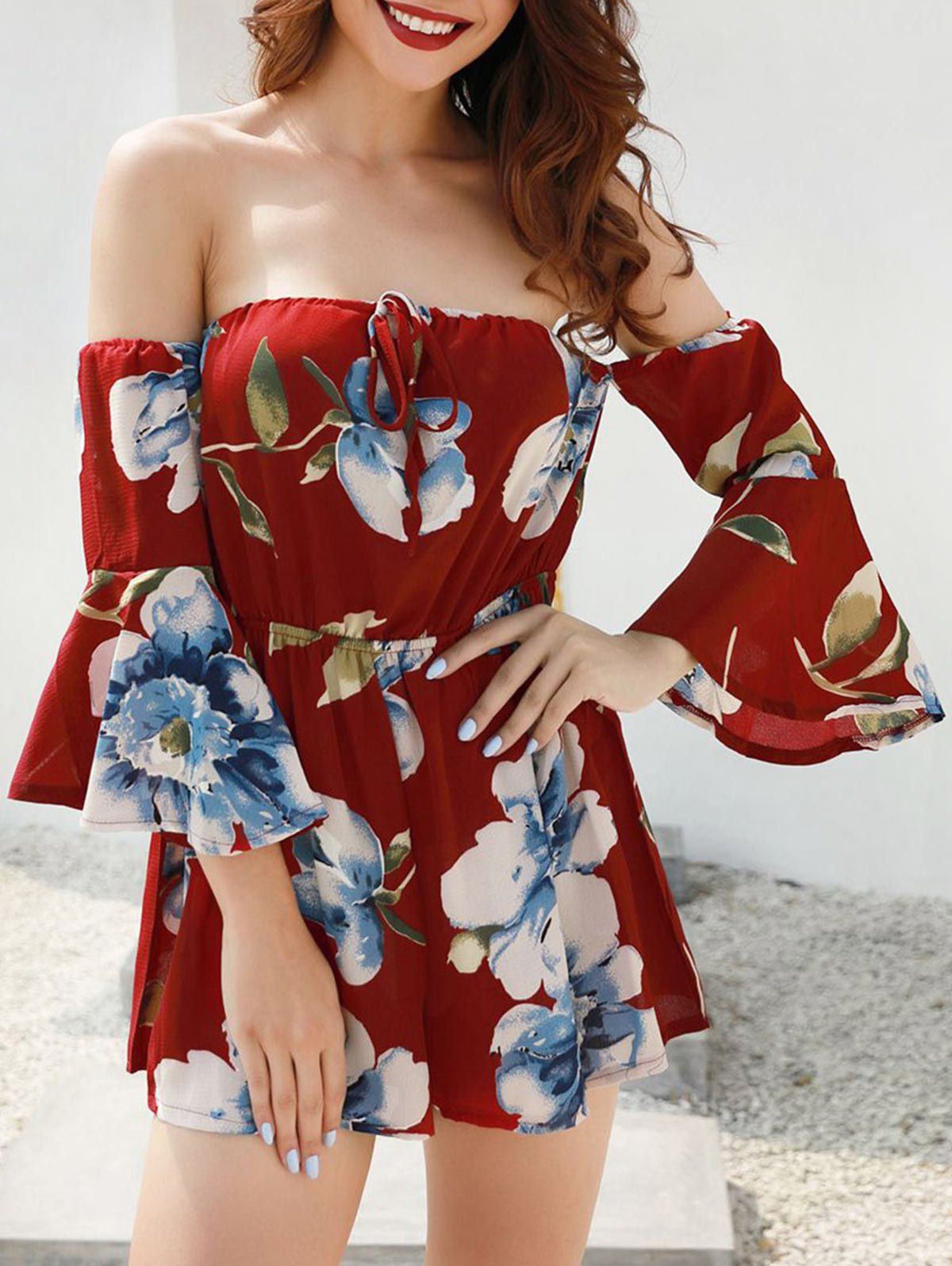 

Bell Sleeve Floral Print Romper, Red wine