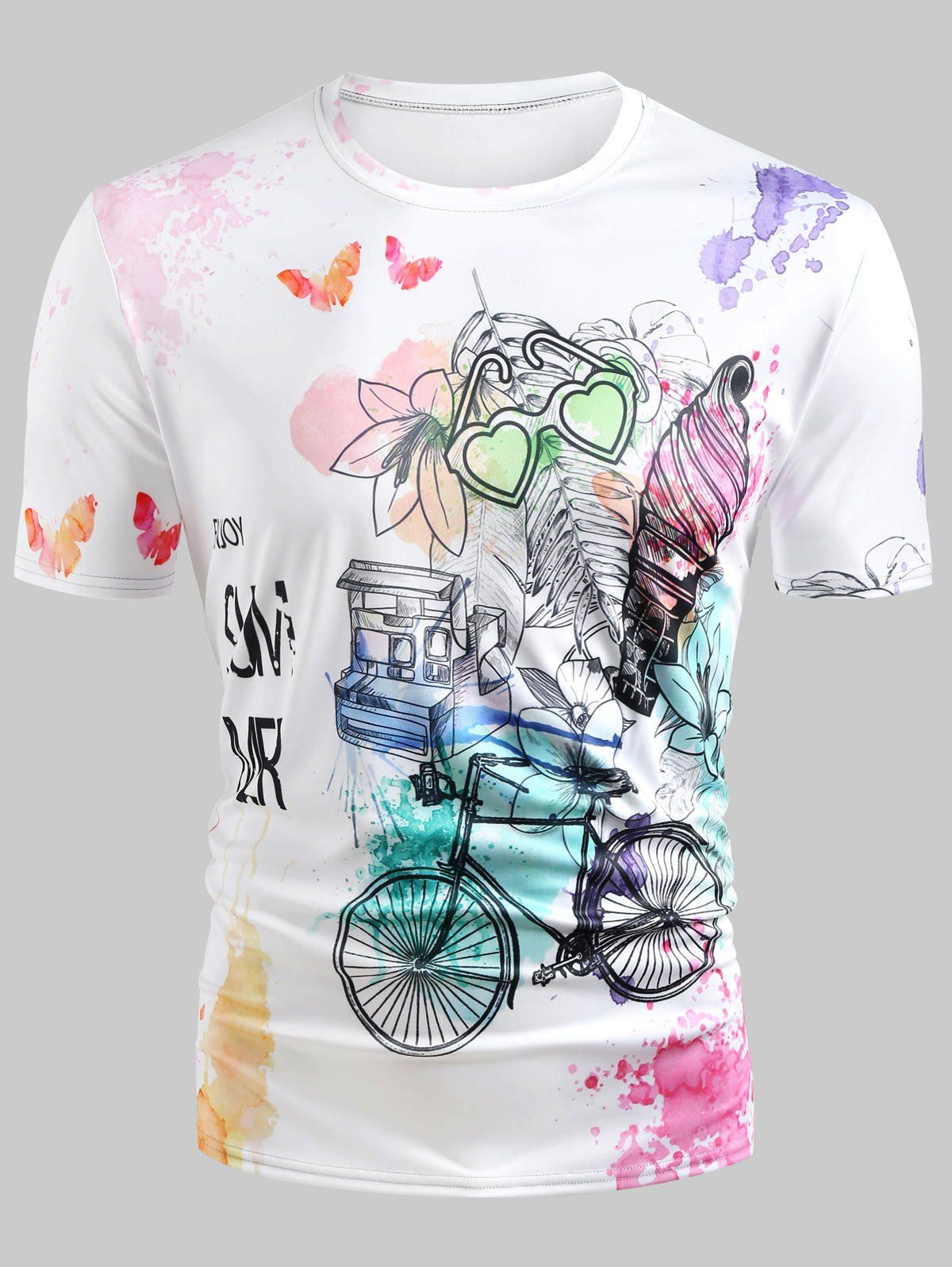 

Retro Bicycle Print Casual Tee, Silk white