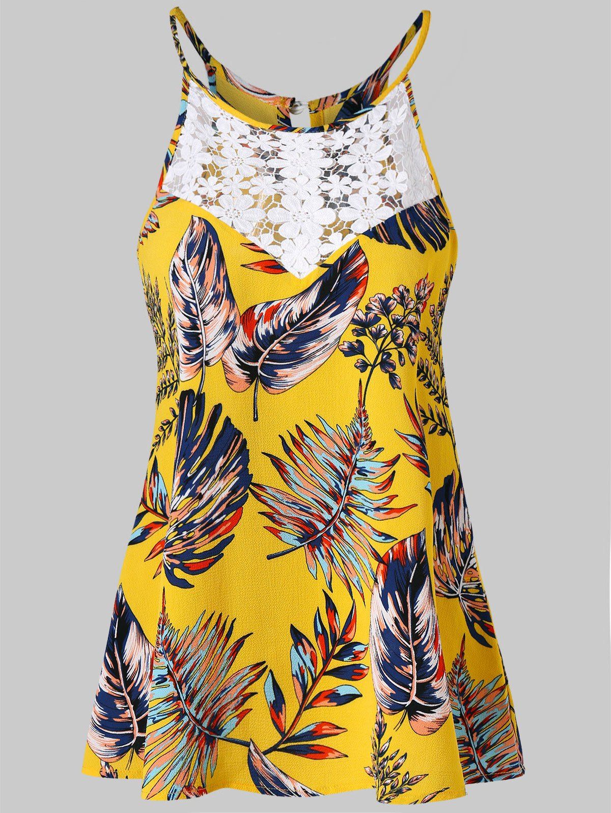 

Spaghetti Strap Lace Panel Tropical Print Tank Top, Sun yellow