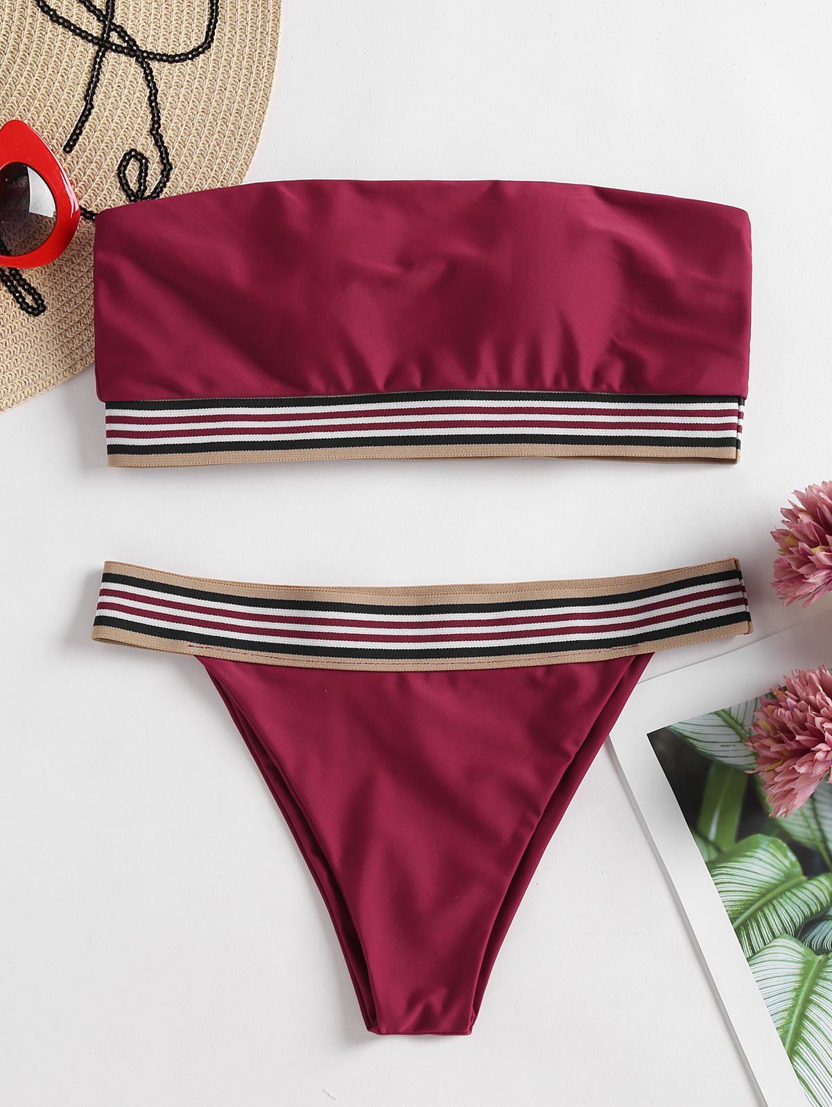 

Striped Bandeau Bikini Set, Red