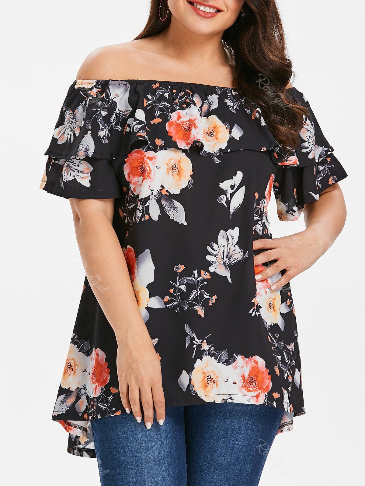 

Plus Size Floral Off The Shoulder Blouse, Black