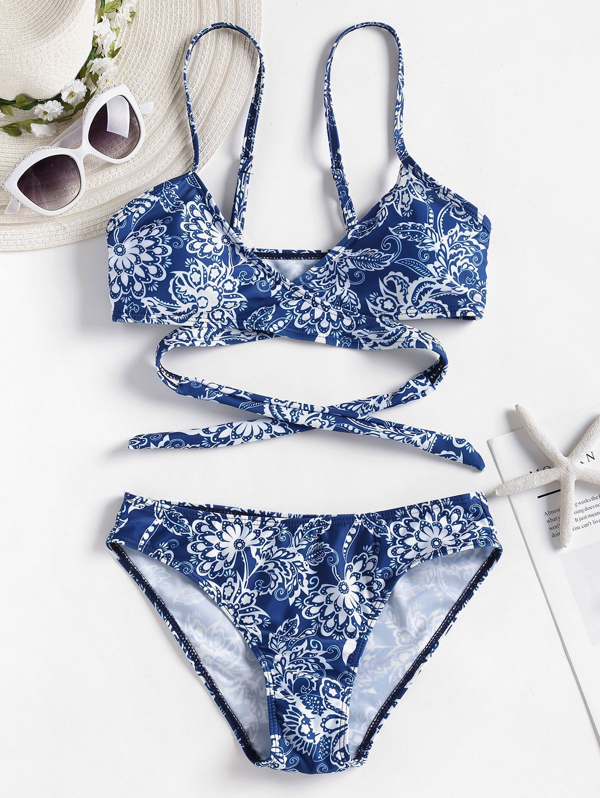 

Flower Print Wrap Bikini Set, Blue