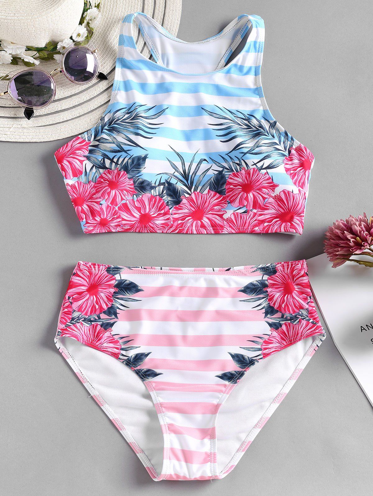 

Flower Striped Racerback Bikini Set, Blue