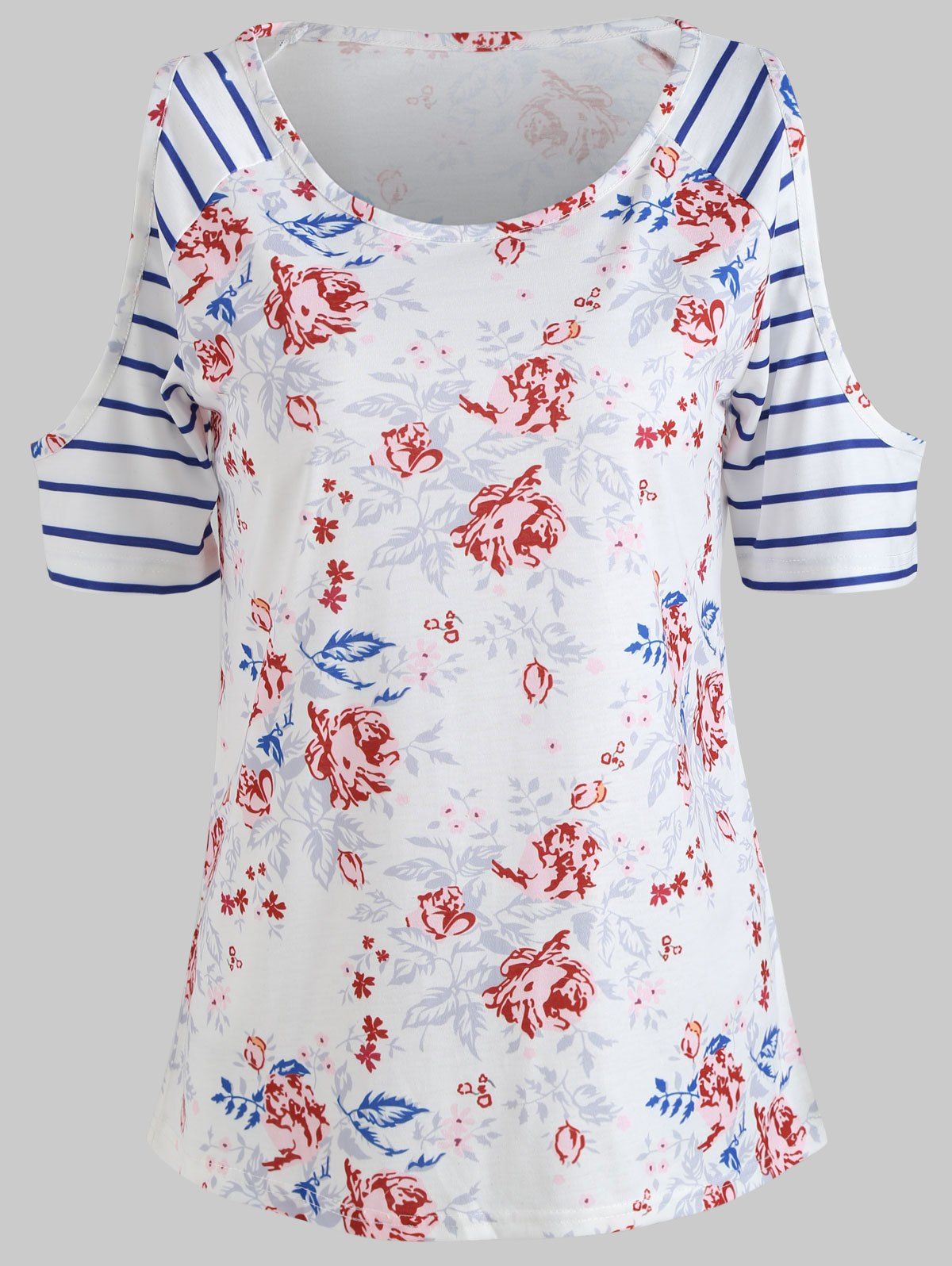 

Floral Striped Print Open Shoulder T-shirt, Milk white