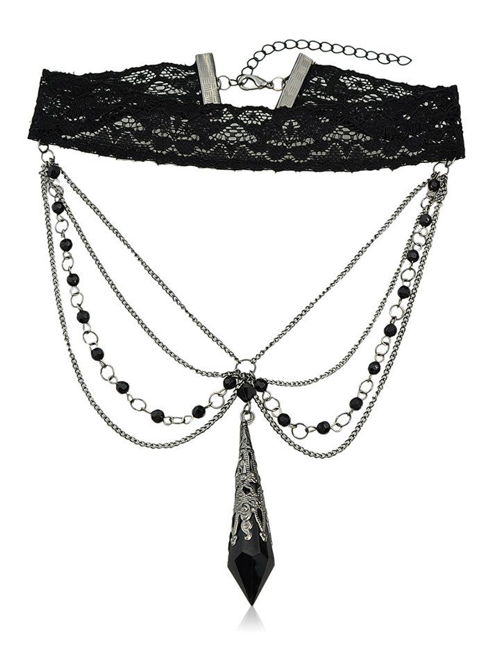 

Layered Hanging Rhinestone Beads Lace Choker Necklace, Black