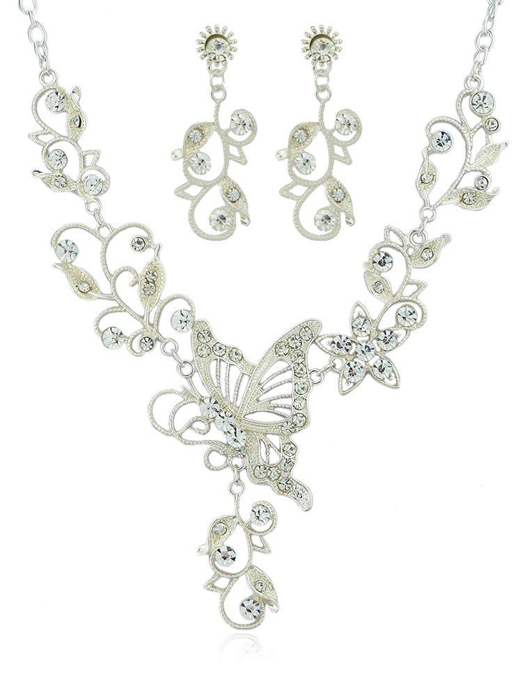 

Butterfly Flower Decoration Rhinestone Pendant Necklace with Earrings, Silver