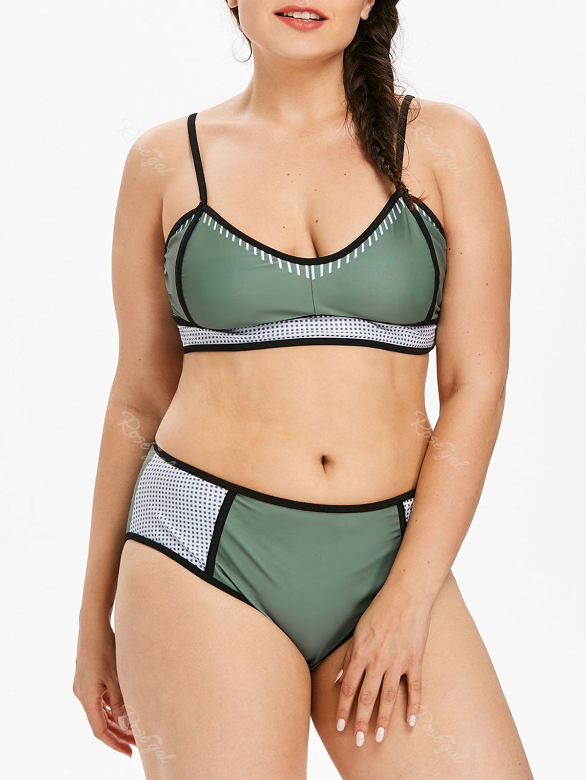 

Mesh Panel Plus Size Color Block Bikini Set, Light sea green
