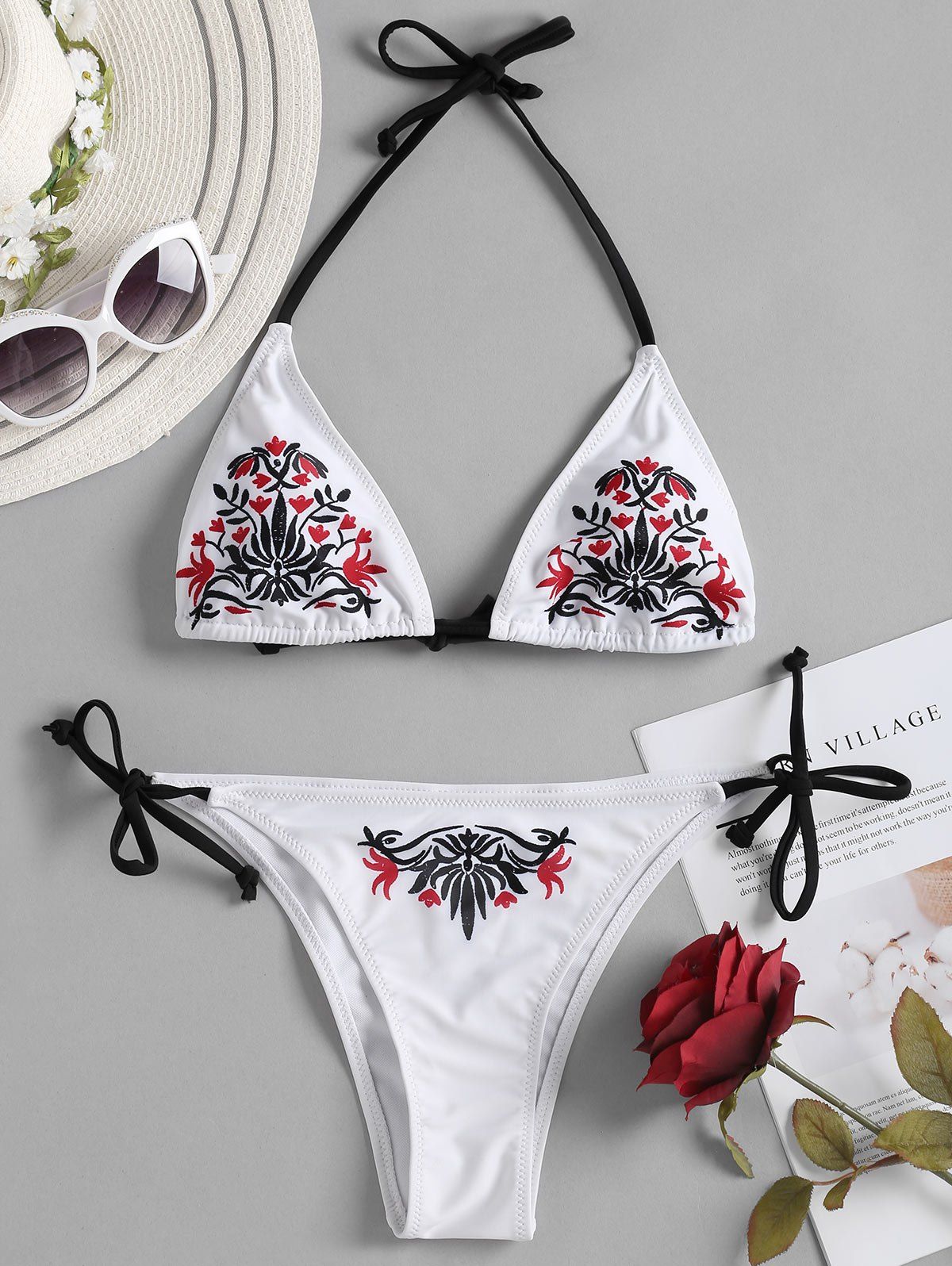 

Flower Print String Bikini Set, White