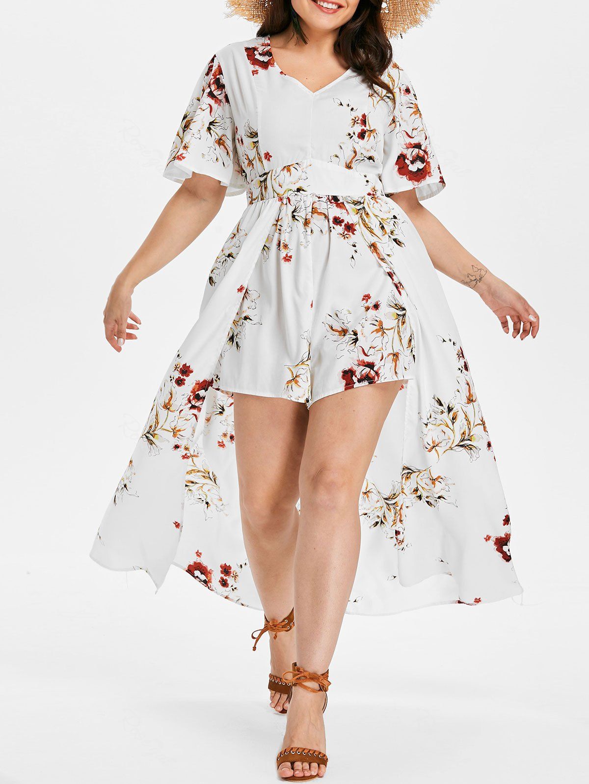 

Back Cut Out Plus Size Floral Print Romper, White
