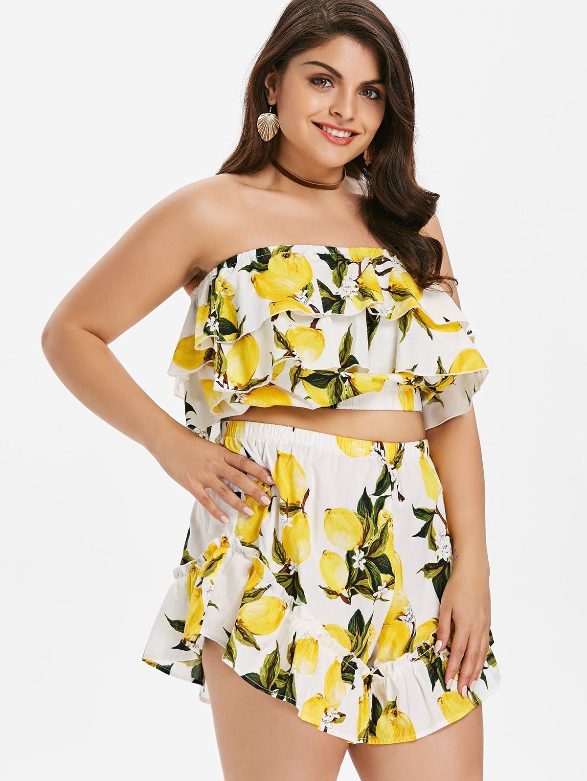 

Plus Size Flounce Lemon Print Shorts Set, Yellow