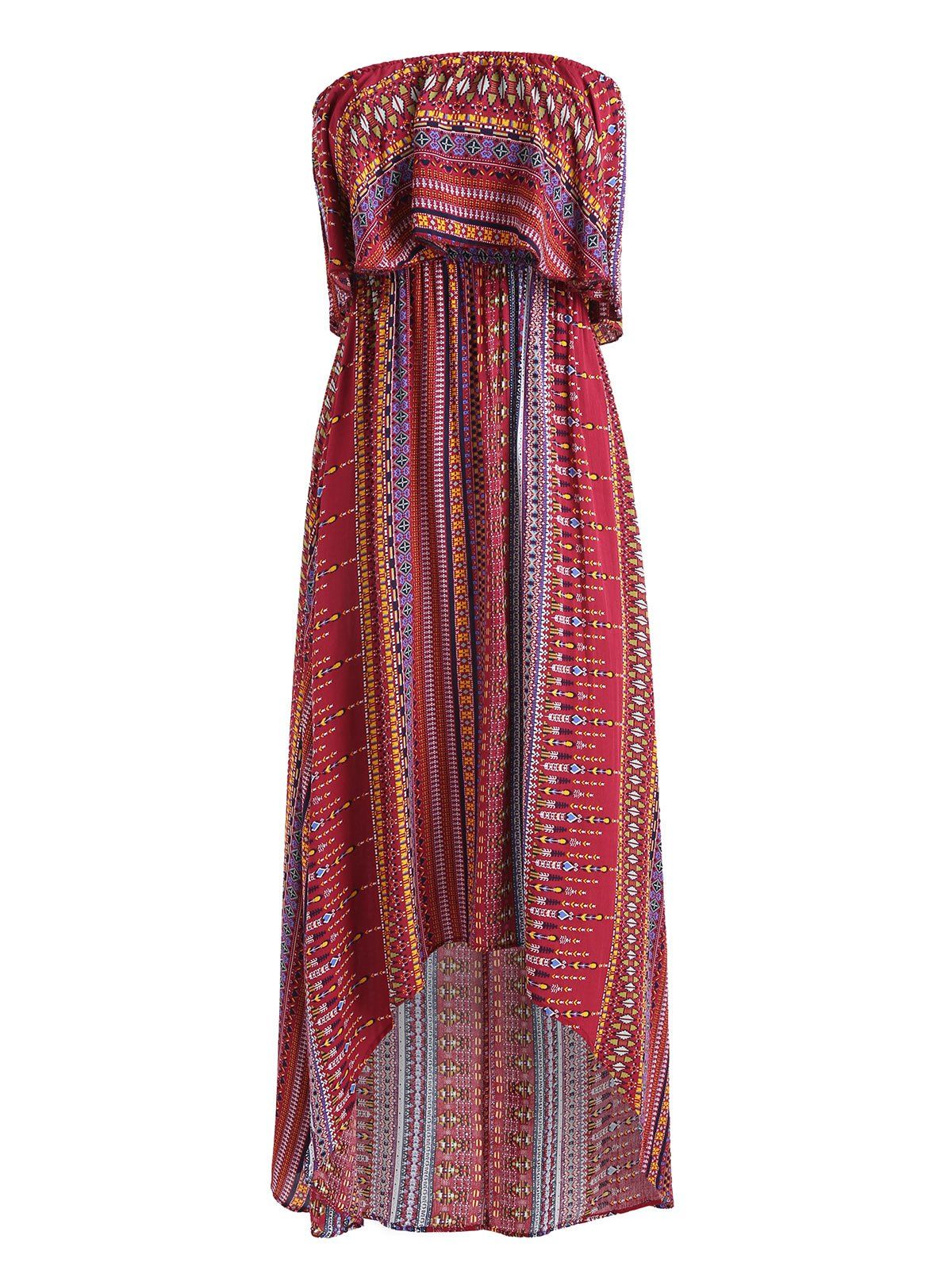 

Tribal Print High Low Strapless Boho Dress, Red wine