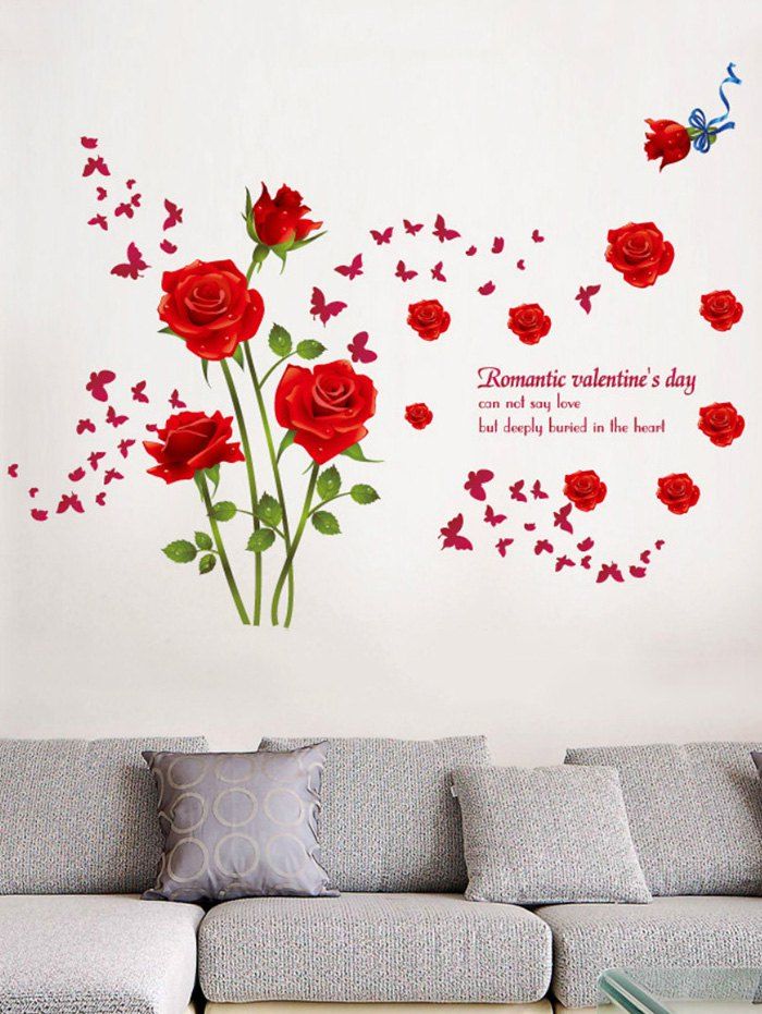 

Rose Flower Leaf Butterfly Printed Wall Sticker, Red